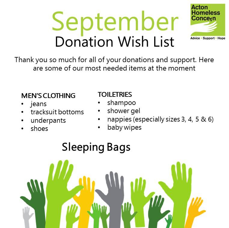 sedptember wish list graphic for acton homeless concern
